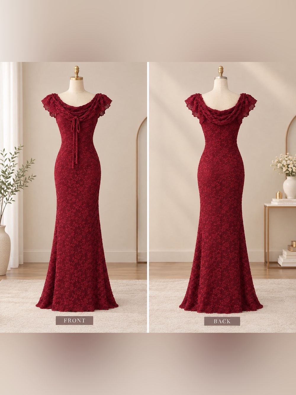 Zara Burgundy Lace Cowl-Neck Maxi Dress